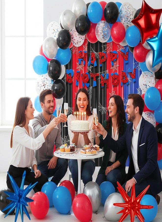 LaRandom Spider Web Birthday Party Decorations, Spider Theme Party Supplies, Red Black, and Blue Tinsel Foil Fringe Curtains Backdrop, Balloons and Banner Streamer for Birthday Decor - Image 5